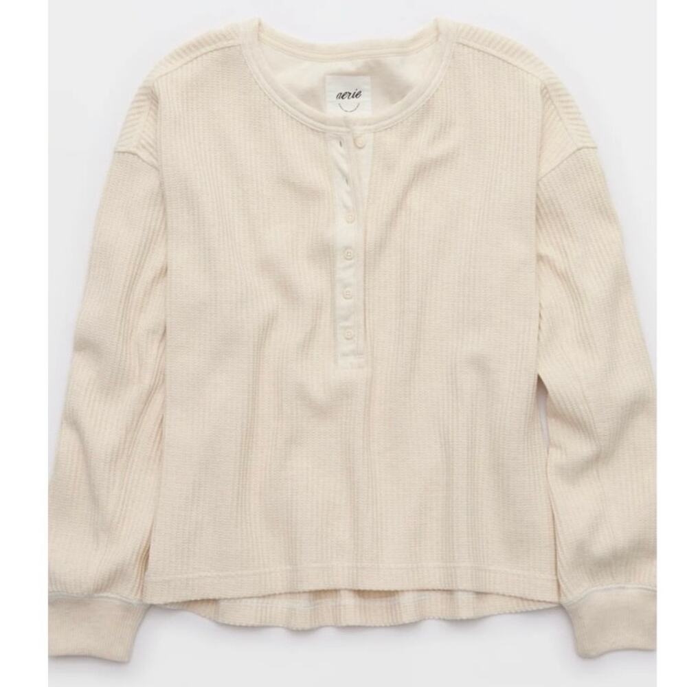 Aerie Waffle Henley Sweatshirt loose fit light weight beige womens size XS